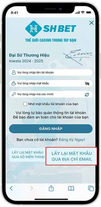 Bước 1: Tại trung tâm đăng nhập > chọn LẤY LẠI MẬT KHẨU QUA ĐỊA CHỈ EMAIL